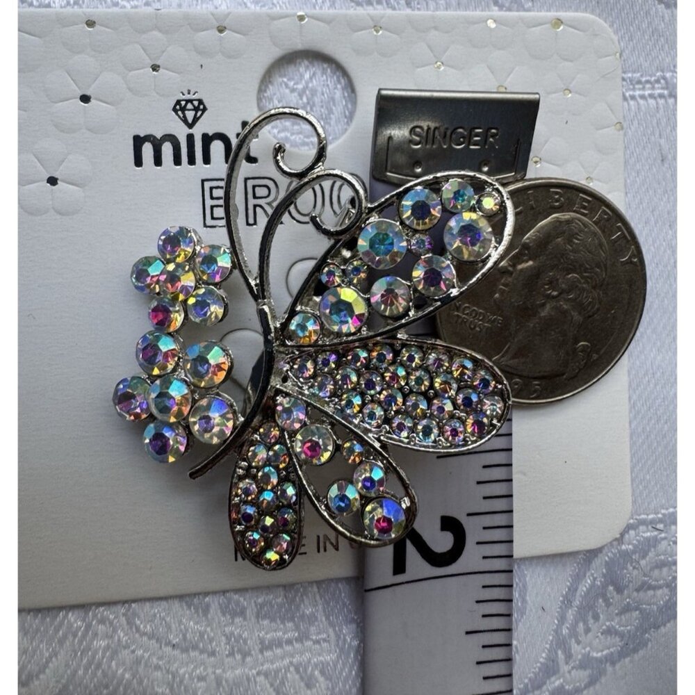 Mint Rhinestone Silvertone Butterfly Landing on Flower Brooch Feminine 1.5" NEW